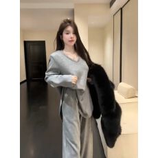 批发韩版慵懒风V领长袖t恤上衣休闲阔腿裤套装女秋高级感松弛感两件套