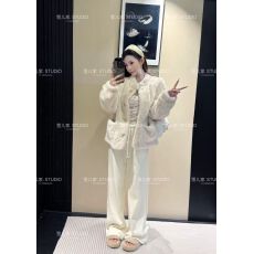 批发2025新款高级感上衣毛毛外套<b class='q'>蕾丝</b>打底休闲裤三件套