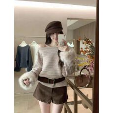 批发2025秋冬新款斜肩毛毛拼接针织衫<b class='q'>短裤</b>两件套