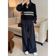 批发V领条纹马甲新款秋装撞色减龄针织毛衣女背心休闲+裤子一套设计