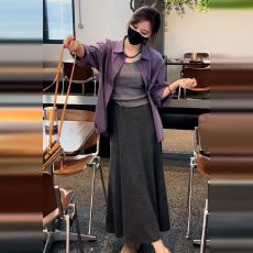 批发新款时尚穿搭休闲<b class='q'>宽松</b>百搭长袖衬衫+吊带+松紧腰长裙3件套