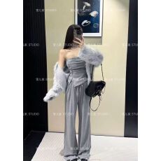 批发煎盐叠雪翻领短外套+高垂感阔腿长裤+<b class='q'>蕾丝</b>吊带背心三件套