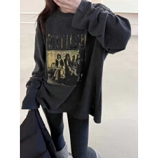 批发2025秋冬新款圆领字母印花长袖宽松<b class='q'>中长款</b>德绒T恤女内搭<b class='q'>打底衫</b>