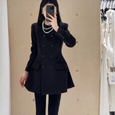 批发双排扣圆领长袖西装裙女2025秋冬季中长款外套收腰连衣裙