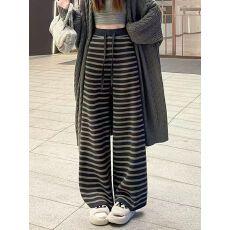 批发咖色高腰显瘦条纹针织<b class='q'>打底裤</b>女2025秋冬新款复古休闲裤直筒阔腿裤