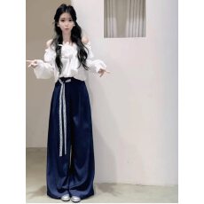 批发开春一整套ootd穿搭白色一字肩<b class='q'>衬衫</b>阔腿<b class='q'>裤</b><b class='q'>超</b>好看独特漂亮两件套