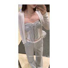 批发纯欲风绑带抹胸背心长袖针织<b class='q'>开衫</b><b class='q'>女</b>条纹休闲长裤三件套