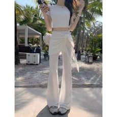 批发灰色紧身圆领短款短袖T恤女夏季休闲套<b class='q'>装</b>假两件微喇叭长<b class='q'>裤</b>两件套