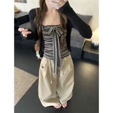 批发新款简约百搭长袖开衫+条纹绑带抹胸背心+抽绳休闲裤3件套
