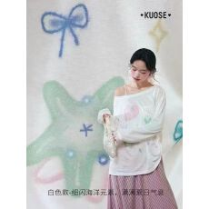 批发白色露肩上衣长袖<b class='q'>罩衫</b>t恤2026春季穿搭新款女装蓝色斜肩薄