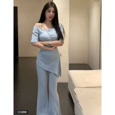 批发韩版通勤休闲风<b class='q'>套装</b>女夏季设计感开叉修身显瘦短袖上衣微喇阔腿裤