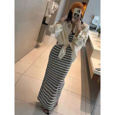 批发2026春夏新款<b class='q'>韩版</b>气质松弛感防晒衬衫复古修身条纹连衣裙两件套女