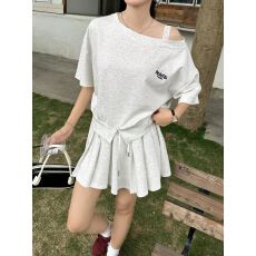 批发韩系慵懒风休闲运动套装<b class='q'>女</b>夏季时尚短款斜肩<b class='q'>短袖</b>短裙小个子两件套