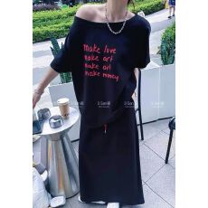 批发2026春夏韩系新款休闲<b class='q'>套装</b>裙字母印花宽松长袖T恤半身裙两件套女