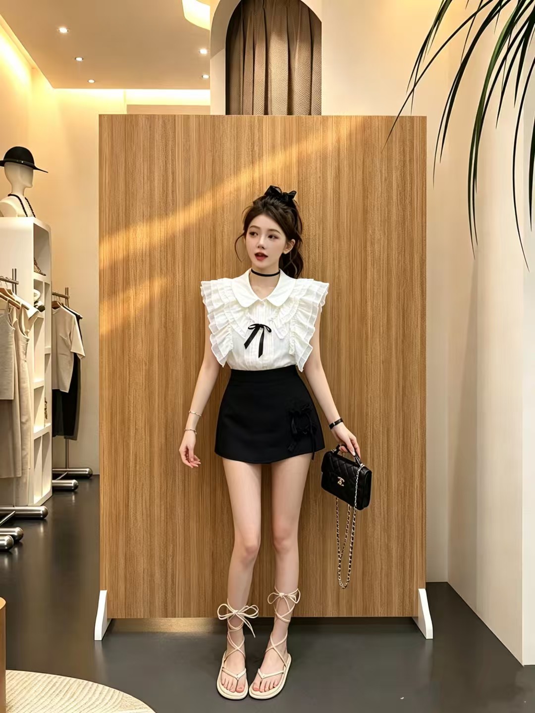 학원 스타일 세트 여성 달콤함 버블 반팔 스트라이프 셔츠 검정색 한 마디 플리츠 스커트 투피스 세트