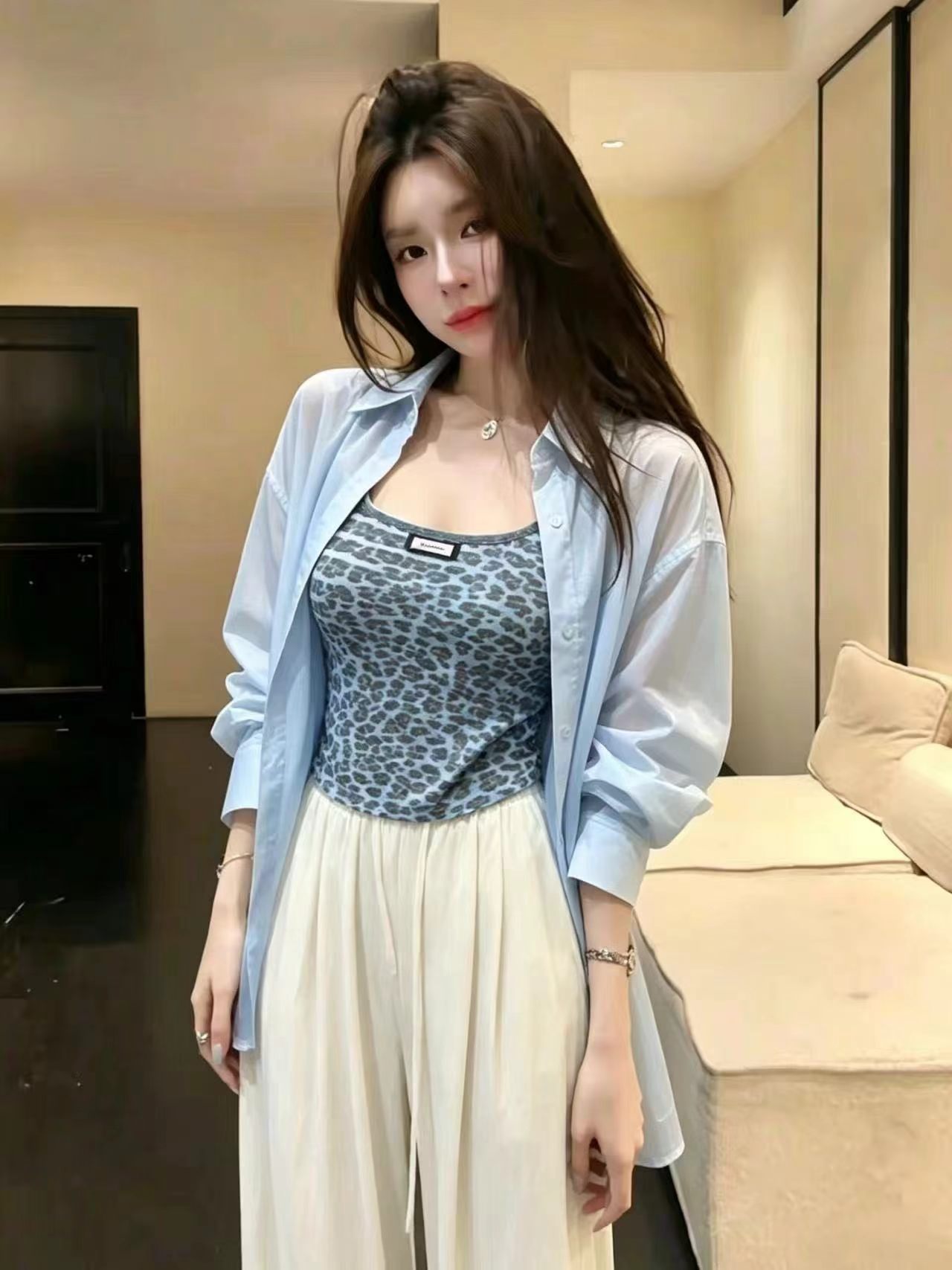 새로운 한국 스타일 패션 레오파드 무늬 캐미솔 레이스업 자외선 차단 의류 허리밴드 와이드 레그 팬츠 3종 세트
