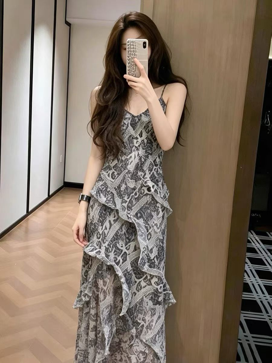프랑스식 해변가 휴가 품격 허리 수축 프린트 슬립 여성 드레스 여름 슬림해 보이는 롱 스커트 높은 품질