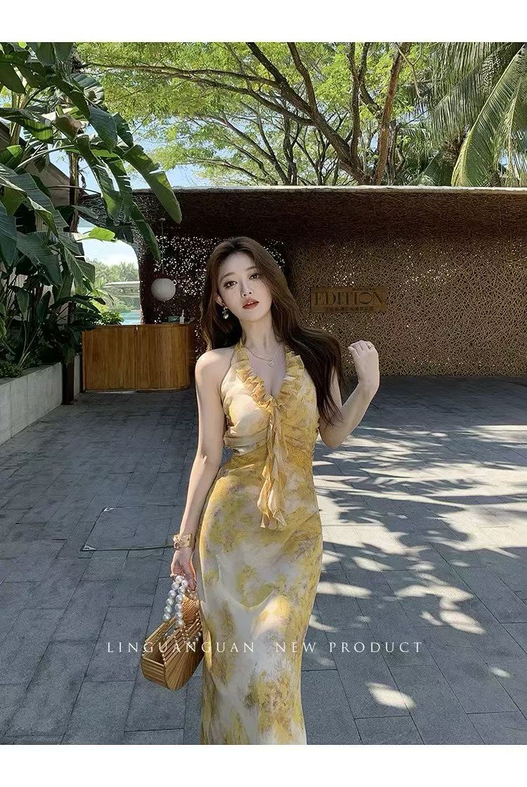린 닫기 프랑스식 휴가 바람 황색 프린트 쉬폰 행침 목 드레스 V넥 프릴 허리 수축 인어 꼬리 롱 스커트