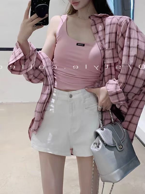 느긋한 바람 연령 감소 패션 세트 여성 여름 체크무늬 긴팔 셔츠 맨위 캐미솔 데님 반바지 3종 세트