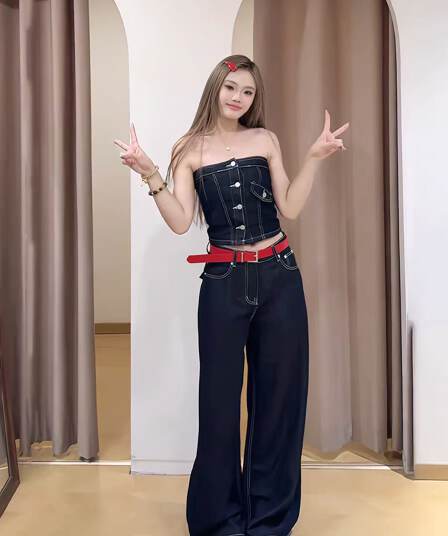 한 부서 핫걸 바람 블루 색상 워싱 데님 튜브탑 조끼 와이드 레그 팬츠 세트 여성 여름 다용도 슬림해 보이는 투피스 세트