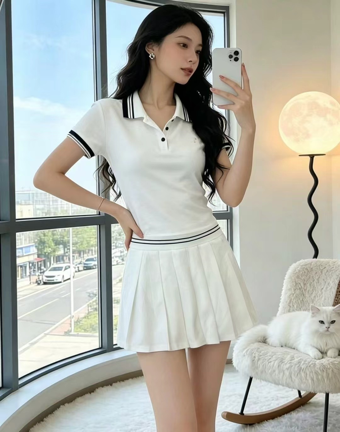 학원 스타일 POLO 칼라 배색 세트 여성 여름 반팔 티셔츠 플리츠 스커트 연령 감소 슬림해 보이는 투피스 세트