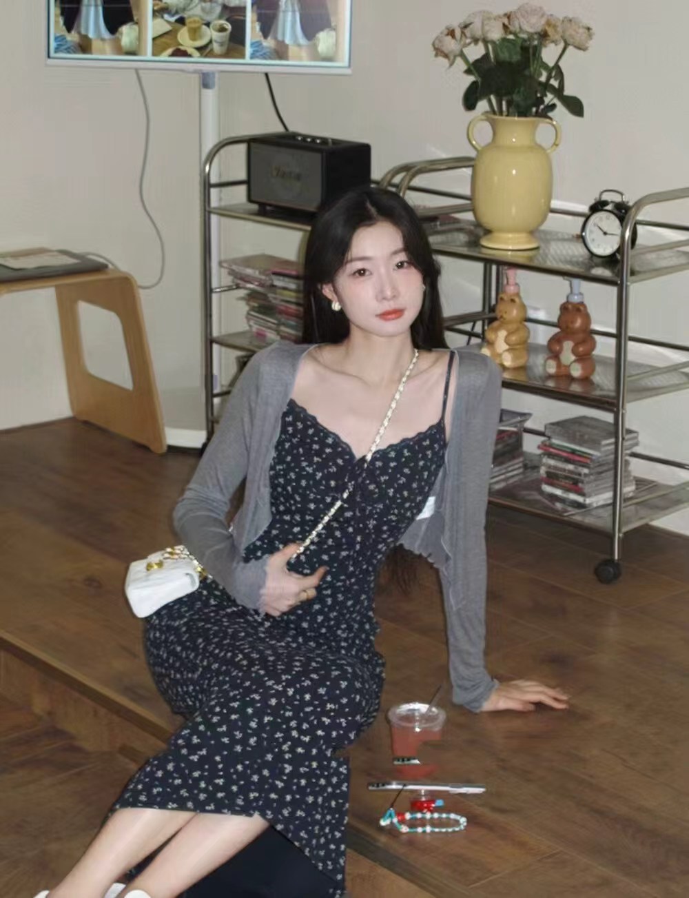 코디 전체 집합 품격 부드러운 한국 스타일 슬림해 보이는 꽃무늬 여성 드레스 오픈 가디건 슬립 롱 스커트 투피스 세트