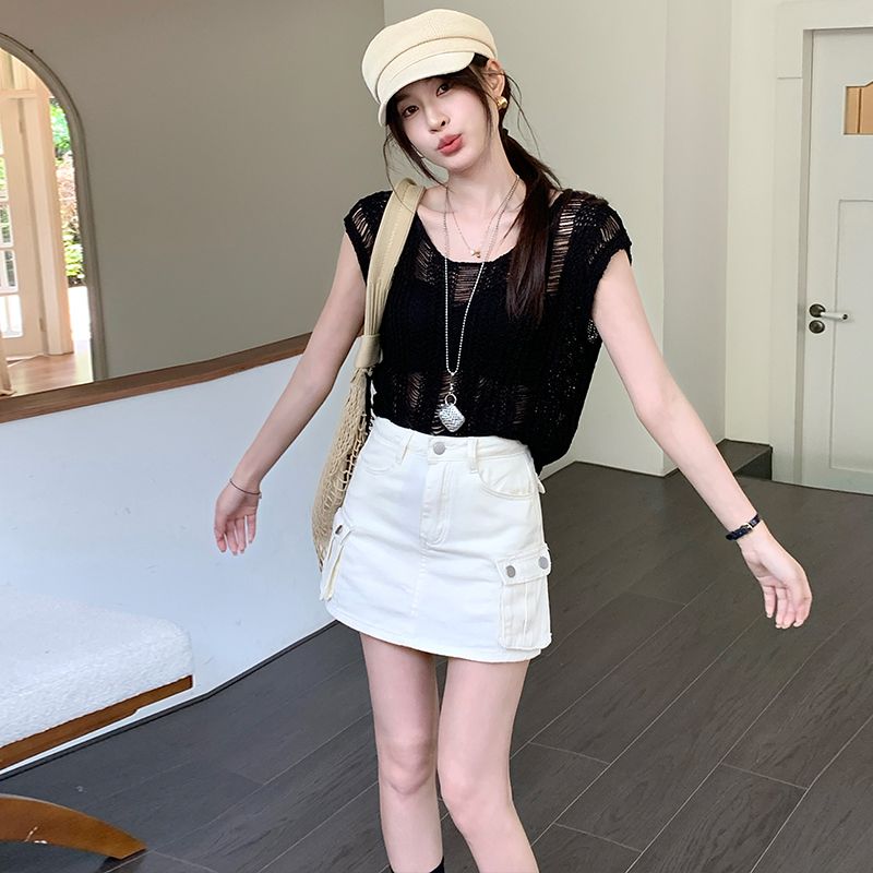 실사 미니 스커트 여성 베이지 색 데님 워크웨어 한 마디 3 차원 주머니 리프트 엉덩이 핫걸
