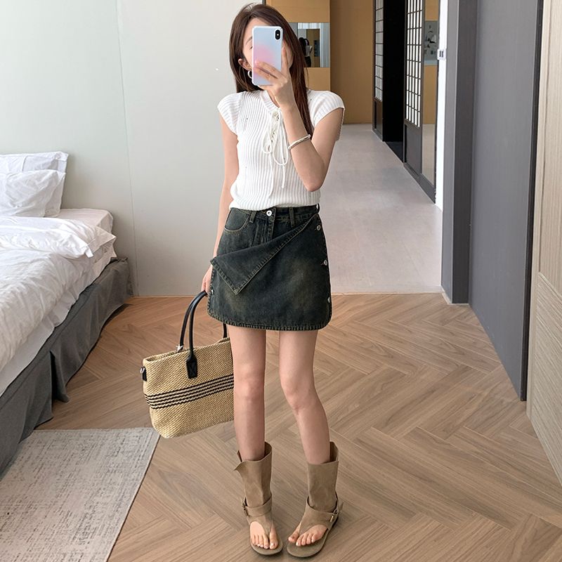실사 데님 미니 스커트 여성 블루 회색 탈착식 이전 너비 있음 안감
