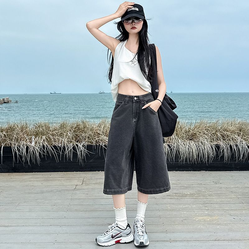 실사 넓은 다리 청바지 여성 블랙 회색 7 점 아메리칸 워크웨어 이후 가방