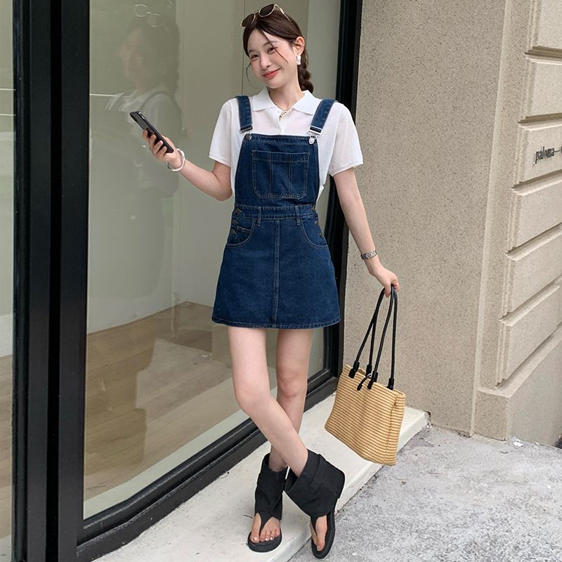 실사 진한 파란색 멜빵 데님 미니 스커트 여성 귀여운 연령 감소 루즈핏 소금 부서