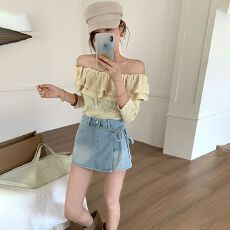 批发实拍牛仔A字短裙女奶蓝色裤绑带高腰