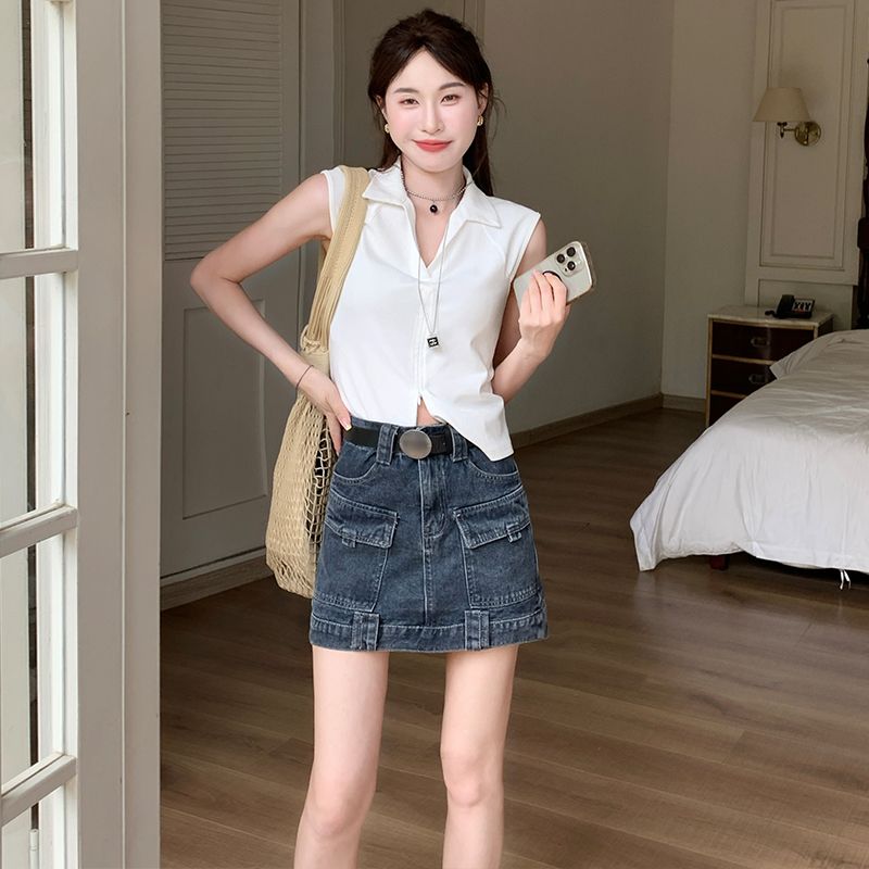 실사 데님 미니 스커트 여성 블루 회색 워크웨어 한 마디 선물 벨트