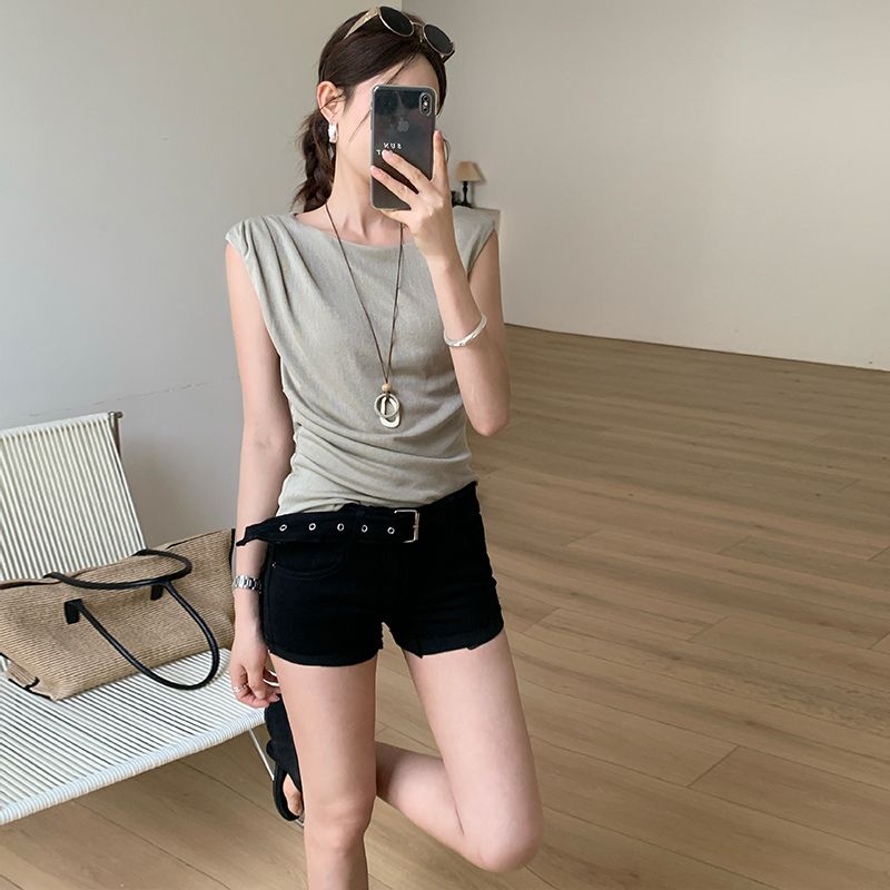 실사 데님 초단바지 여성 거친 가장자리 검정색 같은 색상 벨트