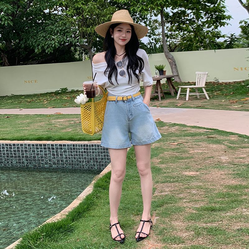 실사 진한 파란색 하이웨이스트 4 점 데님 반바지 여성 여름 워싱 루즈핏 다용도 캐주얼 한 마디 넓은 다리 바지