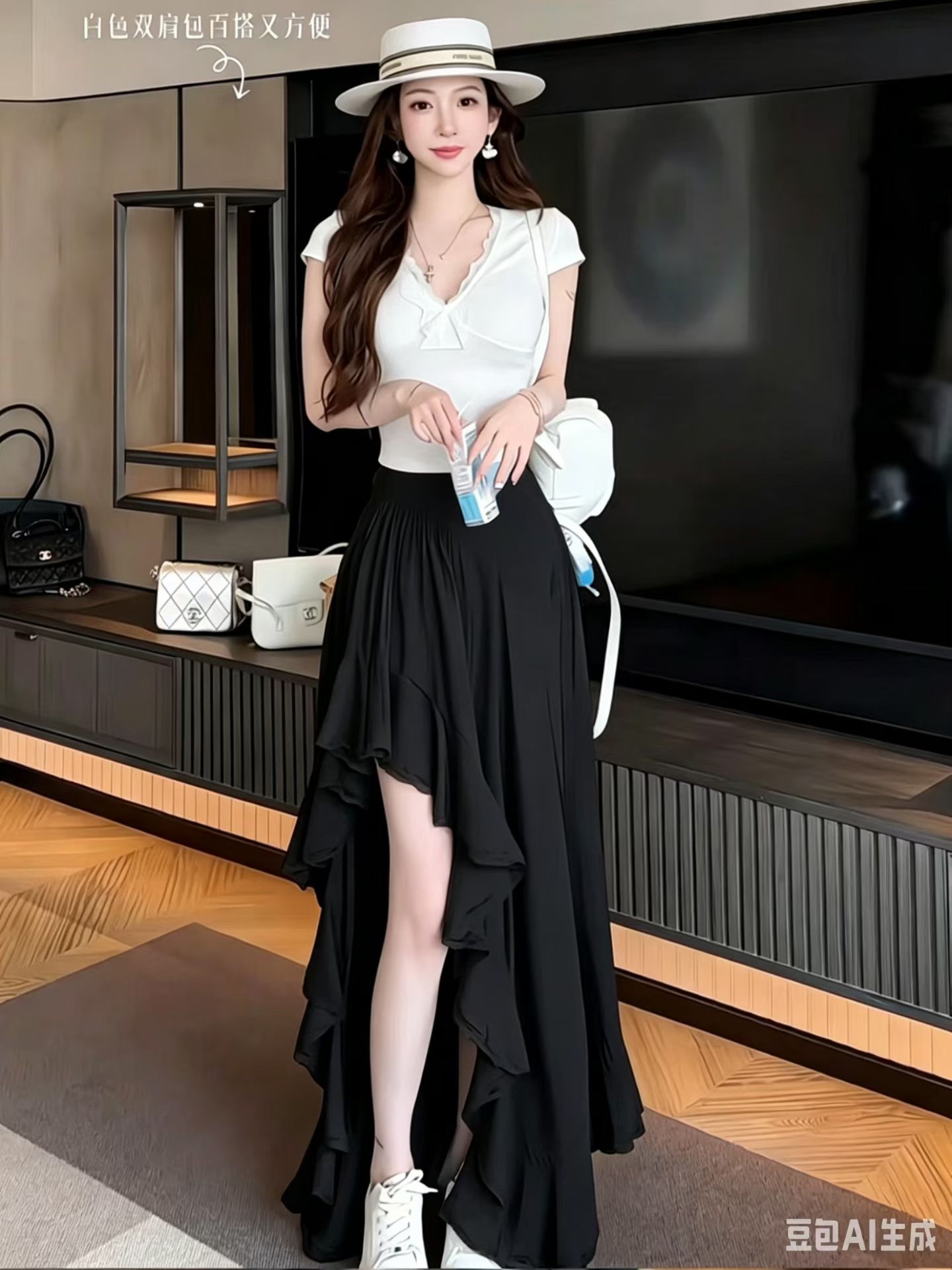 비 자매 패치워크 얕은 여름 패션 디자인 센스 V넥 허리 수축 패치워크 레이스 티셔츠 치마 세트