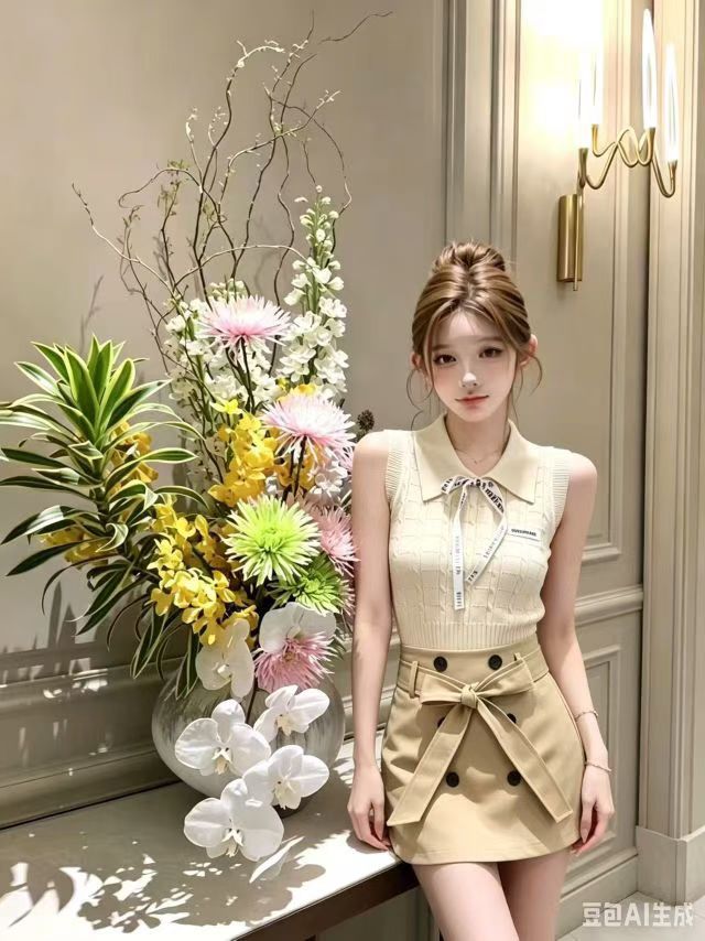 우유 살구 색상 polo 니트 투피스 조끼 여성 여름 작은 키 순수한 욕망 바람 몸매 가꾸기 슬림해 보이는 반신 치마 세트