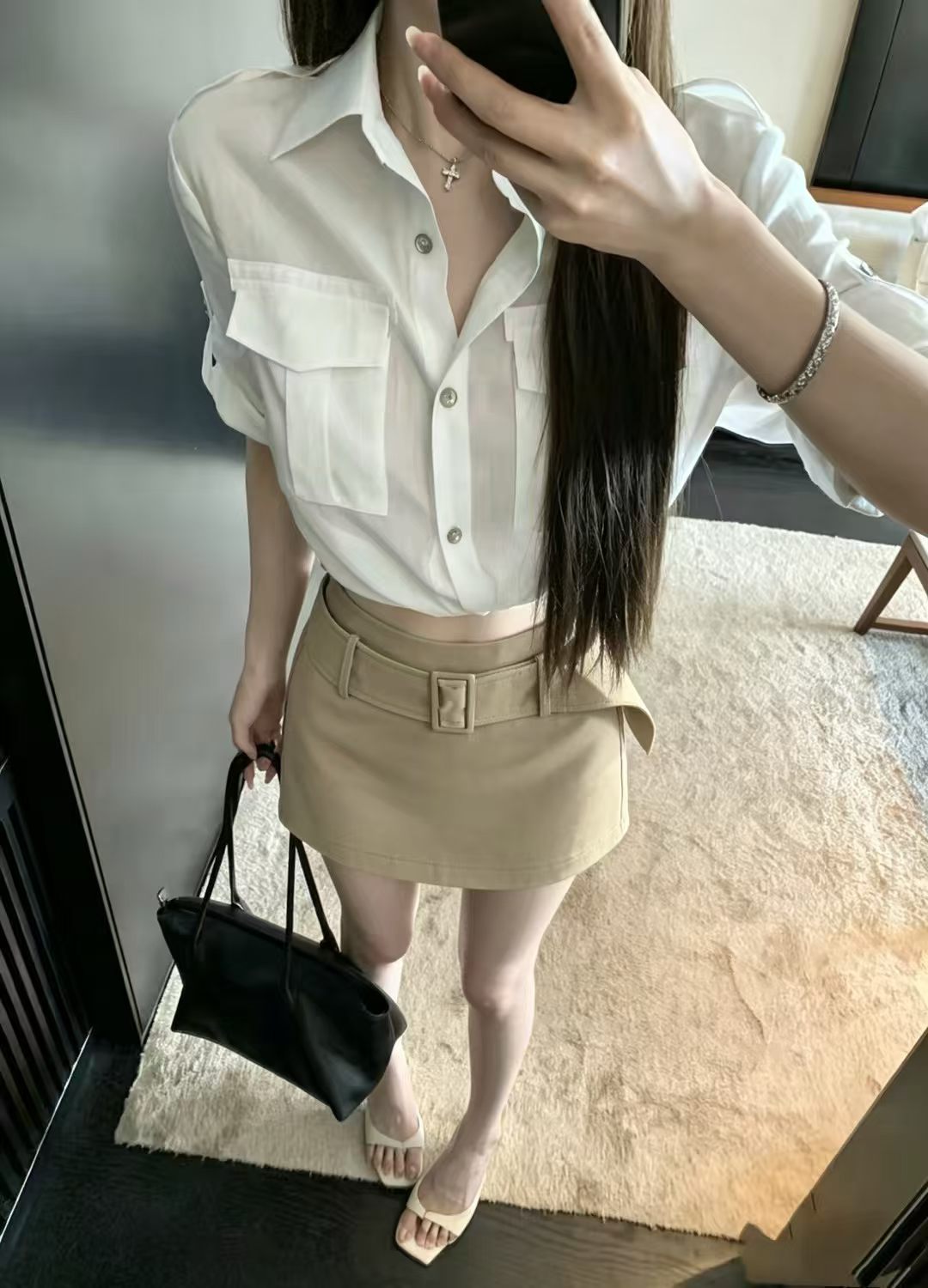 미니멀리즘 패션 숙녀 품격 캐주얼 반팔 셔츠 반신 스커트 투피스 세트