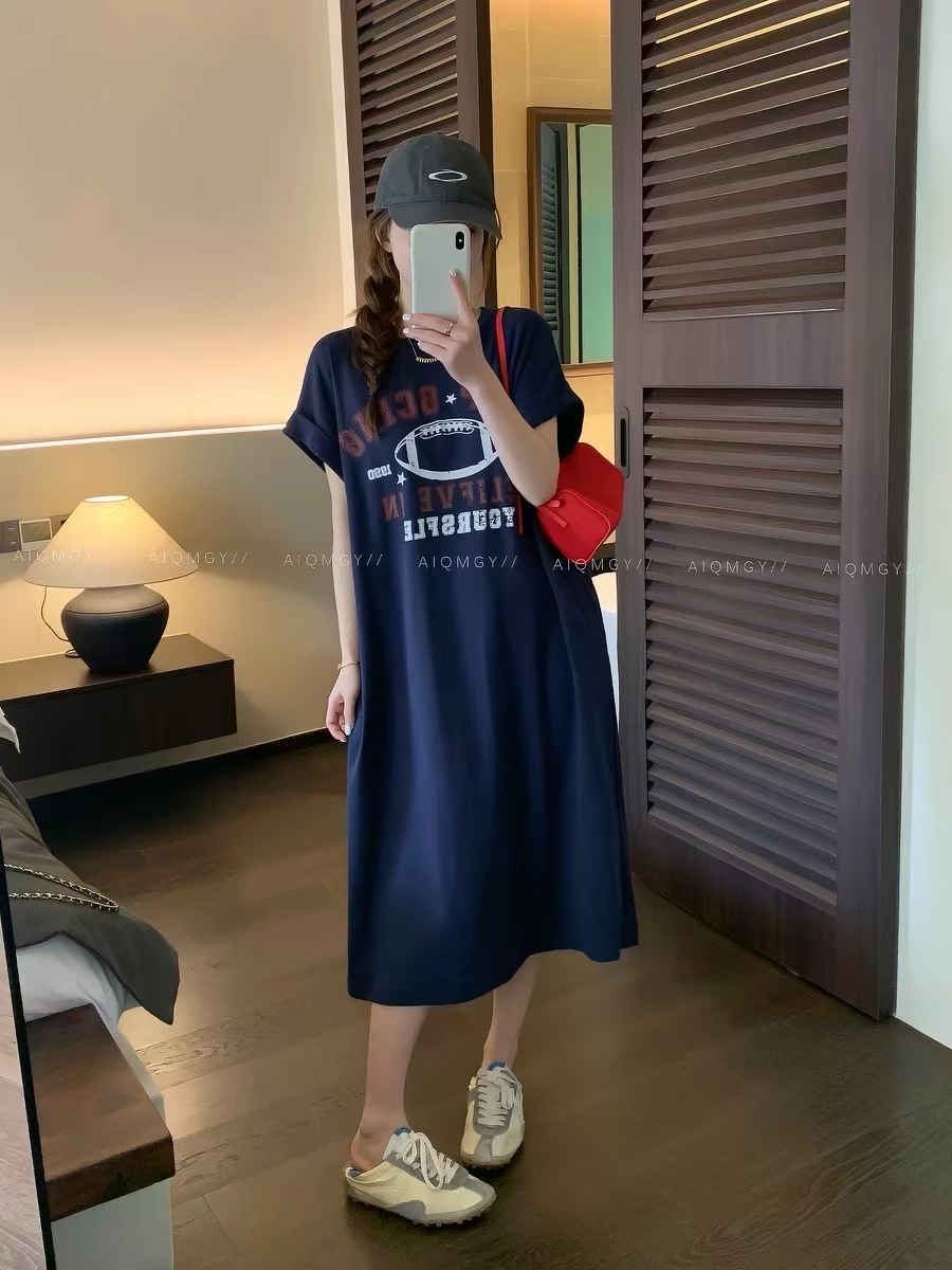 한국 동대문 새로운 한 부서 ins 바람 여름 프린트 스트레이트 치마 다용도 반팔 드레스 Feifei 소매