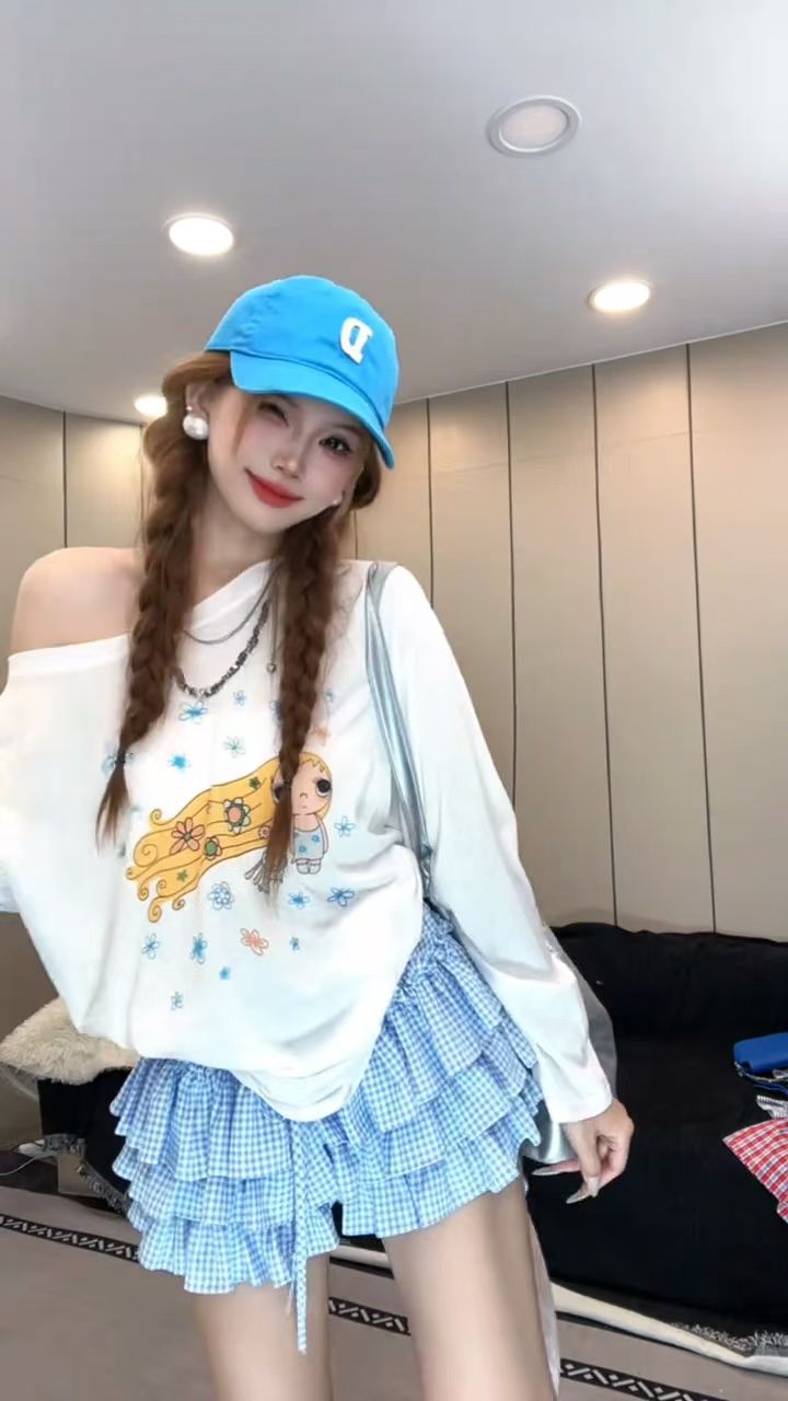 한 부서 느긋한 재미있는 프린트 자외선 차단 티셔츠 여성 루즈핏 얇은 스타일 긴팔 맨위 블라우스 반신 스커트 투피스 세트