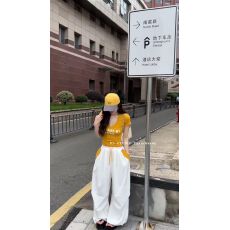新款韩版时尚字母印花v领短袖上衣+松紧腰工装阔腿裤套装