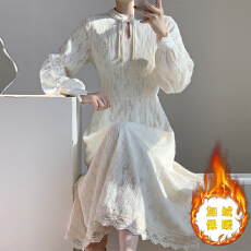 批发实拍2025年<b class='q'>秋</b>冬新款加绒加厚新中式复古蕾丝磨毛气质优雅连衣裙