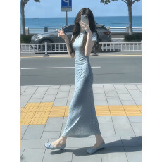 批发2026年夏季<b class='q'>新款</b>新中式蓝色波点收腰显瘦气质温柔风连衣裙