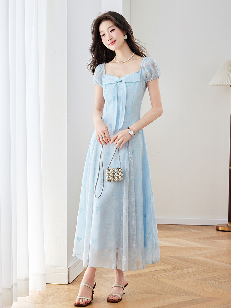 실사 2026 여성 여름 새로운 파란색 반팔 광장 칼라 드레스 한 부서 부드러운 바람 롱 스커트