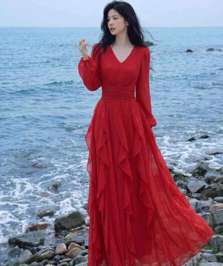 빨간색 여성 드레스 해변가 휴가 해변 롱 스커트 우아한 치마 신강 여행 Gan 칭하이 호 사막 착용 가져 가라.