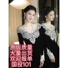 批发从一时刻撒旦之花<b class='q'>蕾丝</b>花边V领长袖丝绒<b class='q'>连衣裙</b>收腰A摆长短裙