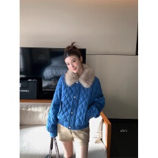 批发LINONEONE 北海道漫步 百搭蓝色菱形格夹棉环保毛领棉服短款外套