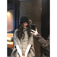 批发DaqianwithU 灰色高圆领斗篷披肩上衣女显瘦百搭加厚开衫毛呢外套