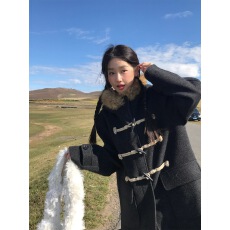 批发霍里德地图含羊毛夹棉毛呢大衣女复古牛角扣可拆毛领连帽呢子外套