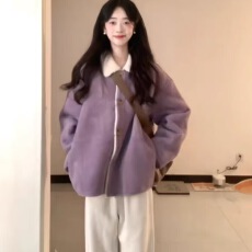 批发紫色<b class='q'>冬</b>季外套女2025新款宽松百搭麂皮一体翻领加绒加厚保暖羊羔毛