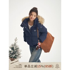 批发iNSLiiSA连帽毛领藏青色<b class='q'>羽绒服</b><b class='q'>女</b>白鸭绒小个子复古设计感加厚外套